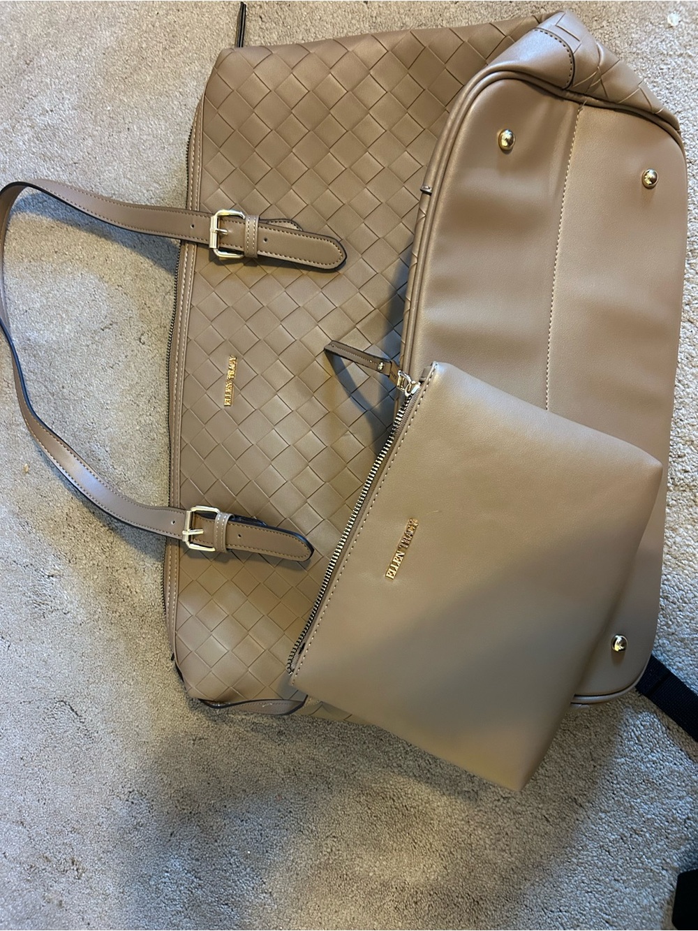 Ellen Tracy Taupe Woven Tote with Matching Zip Pouch